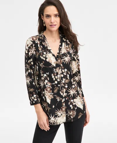Jm Collection Petite Trop Ity Floral Print Top, Macy's Exclusive In Black