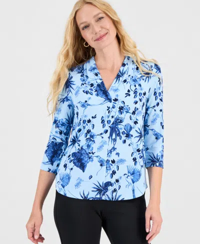 Jm Collection Petite Trop Ity Floral Print Top, Macy's Exclusive In Blue