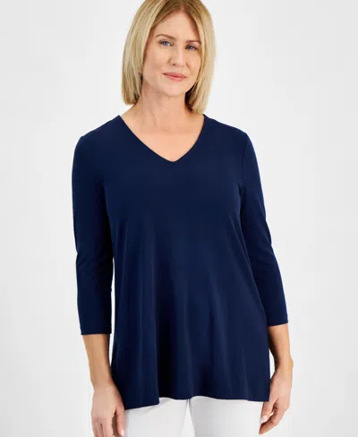 Jm Collection Petite V-neck 3/4-sleeve Swing Top, Created For Macy's In Intrepid Blue Combo