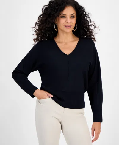 Jm Collection Petite V-neck Dolman-sleeve Sweater, Macy's Exclusive In Black