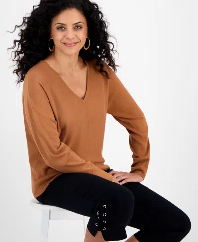 Jm Collection Petite V-neck Dolman-sleeve Sweater, Macy's Exclusive In Brown