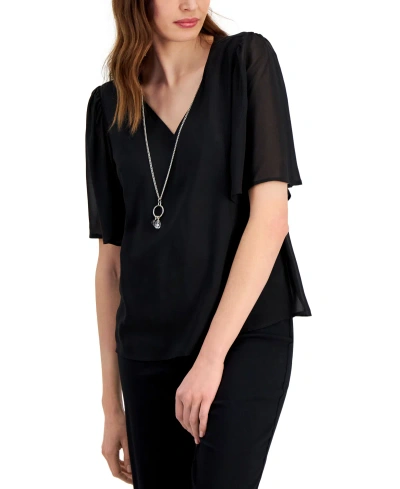 Jm Collection Petite V-neck Flutter-sleeve Necklace Top, Created For Macy's In Deep Black
