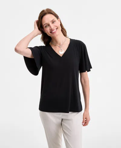 Jm Collection Petite V-neck Trapunto-stitch Crepe Top, Exclusively At Macy's In Black
