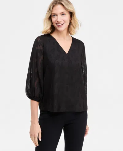 Jm Collection Petite V-neck 3/4-sleeve Paisley Blouse, Macy's Exclusive In Black