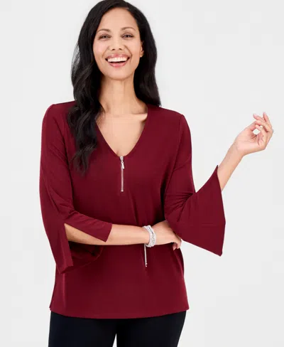Jm Collection Petite V-neck 3/4-sleeve Zip-front Blouse, Macy's Exclusive In Cherry Pie