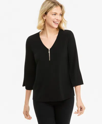 Jm Collection Petite V-neck 3/4-sleeve Zip-front Blouse, Macy's Exclusive In Deep Black