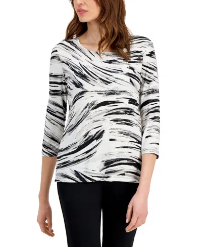 Jm Collection Petite Windswept Jacquard Printed 3/4-sleeve Top, Created For Macy's In Black