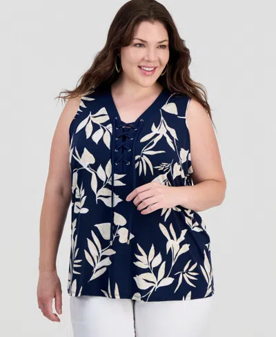 Jm Collection Plus Printed Lace-up Sleeveless Top, Macy's Exclusive In Black
