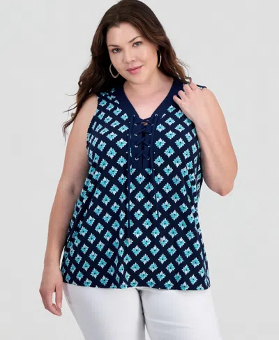 Jm Collection Plus Printed Lace-up Sleeveless Top, Macy's Exclusive In Blue