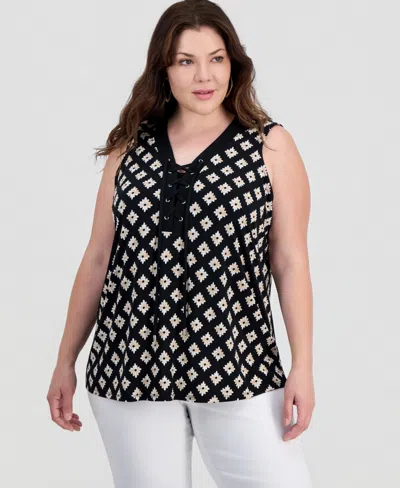 Jm Collection Plus Printed Lace-up Sleeveless Top, Macy's Exclusive In Multi