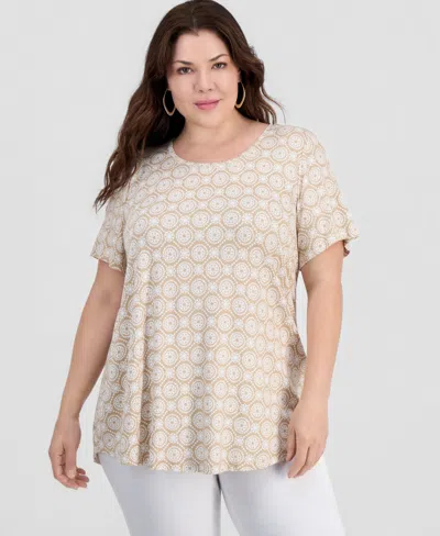 Jm Collection Plus Printed Scoop-neck Short Sleeve Top, Macy's Exclusive In Neutral