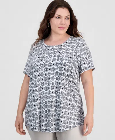 Jm Collection Plus Printed Scoop-neck Short Sleeve Top, Macy's Exclusive In White