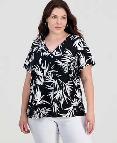 Jm Collection Plus Printed Short Sleeve V-neck Jacquard Top, Macy's Exclusive In Black