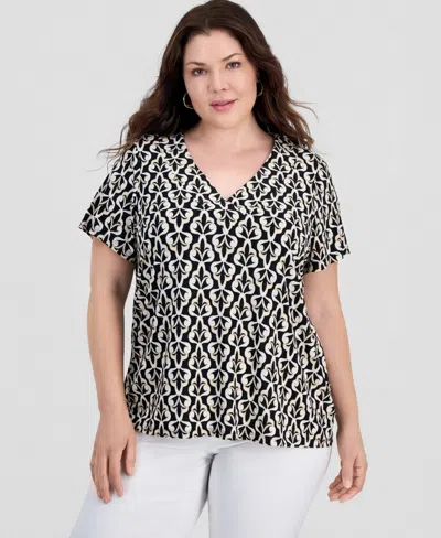 Jm Collection Plus Printed Short Sleeve V-neck Jacquard Top, Macy's Exclusive In Multi