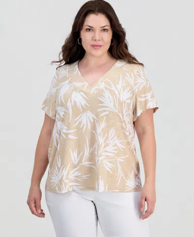 Jm Collection Plus Printed Short Sleeve V-neck Jacquard Top, Macy's Exclusive In Neutral