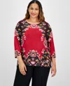 Jm Collection Plus Size 3/4-sleeve Blooming Jacquard Top, Created For Macy's In Glam Red Combo