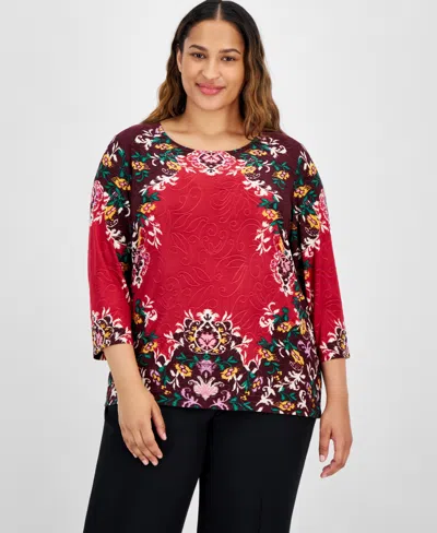 Jm Collection Plus Size 3/4-sleeve Blooming Jacquard Top, Created For Macy's In Glam Red Combo