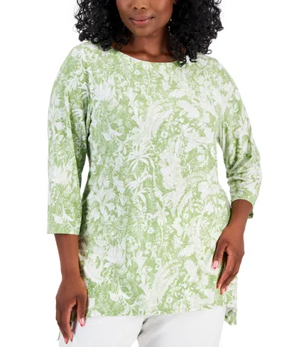 Jm Collection Plus Size 3/4-sleeve Jacquard Swing Top, Created For Macy's In Luau Green Combo
