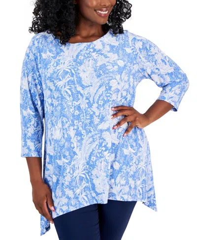 Jm Collection Plus Size 3/4-sleeve Jacquard Swing Top, Created For Macy's In Watery Blue Combo