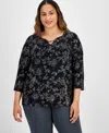 Jm Collection Plus Size 3/4-sleeve Jacquard Top, Created For Macy's In Deep Black Combo