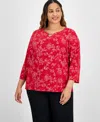 Jm Collection Plus Size 3/4-sleeve Jacquard Top, Created For Macy's In Glam Red Combo