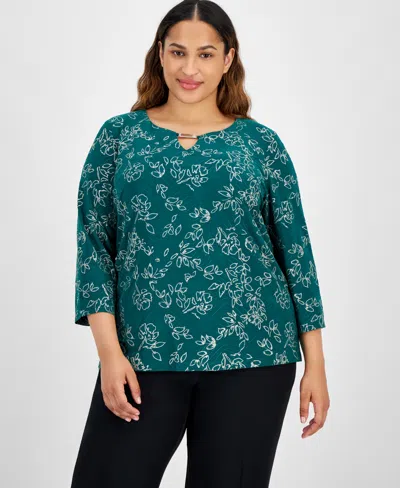 Jm Collection Plus Size 3/4-sleeve Jacquard Top, Created For Macy's In Pure Emerald Combo