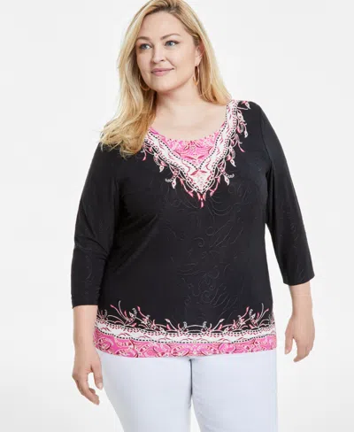 Jm Collection Plus Size 3/4-sleeve Jacquard Top, Exclusively At Macy's In Deep Black