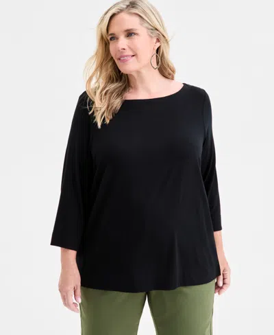 Jm Collection Plus Size 3/4-sleeve Top, Macy's Exclusive In Black