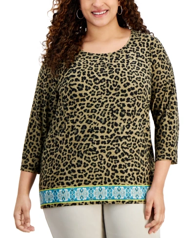 Jm Collection Plus Size Animal-print 3/4-sleeve Border-hem Jacquard Top, Created For Macy's In Army Greem Combo