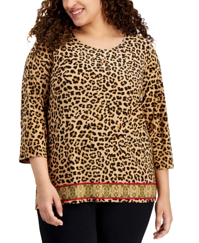 Jm Collection Plus Size Animal-print 3/4-sleeve Border-hem Jacquard Top, Created For Macy's In Deep Black Combo