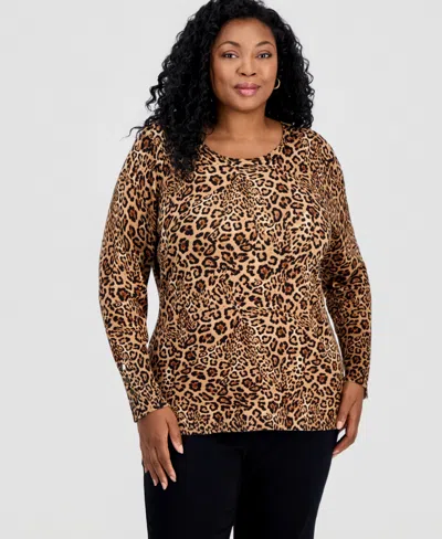 Jm Collection Plus Size Animal-print Long-sleeve Scoop-neck Sweater, Macy's Exclusive In Brown