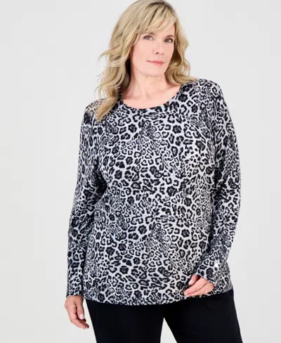 Jm Collection Plus Size Animal-print Long-sleeve Scoop-neck Sweater, Macy's Exclusive In Black