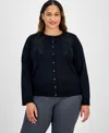 Jm Collection Plus Size Applique Long-sleeve Button-front Cardigan, Created For Macy's In Deep Black