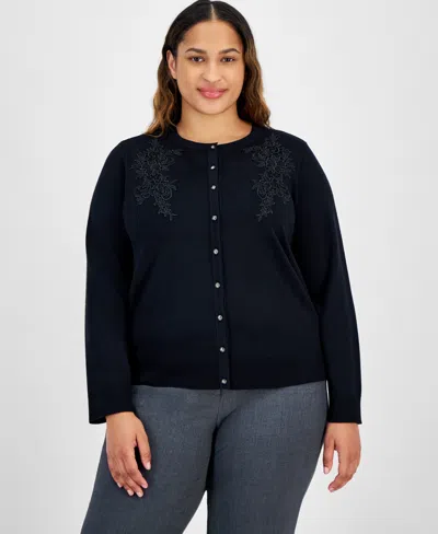 Jm Collection Plus Size Applique Long-sleeve Button-front Cardigan, Created For Macy's In Deep Black