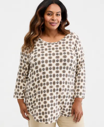 Jm Collection Plus Size Aria Tile 3/4-sleeve, Macy's Exclusive In White