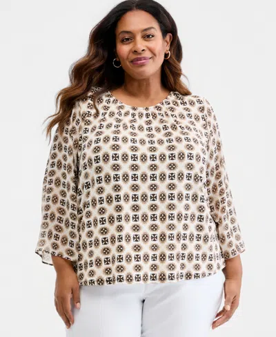 Jm Collection Plus Size Aria Tile Chiffon-sleeve Gathered Neck Top, Macy's Exclusive In Multi