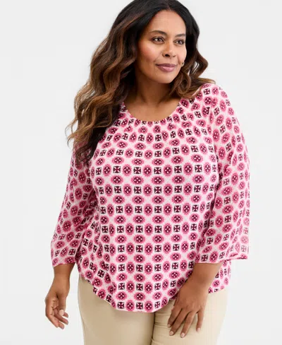 Jm Collection Plus Size Aria Tile Chiffon-sleeve Gathered Neck Top, Macy's Exclusive In Multi