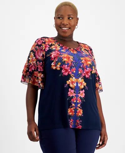 Jm Collection Plus Size Arianna Trail Chiffon-sleeve Top, Created For Macy's In Intrepid Blue Combo