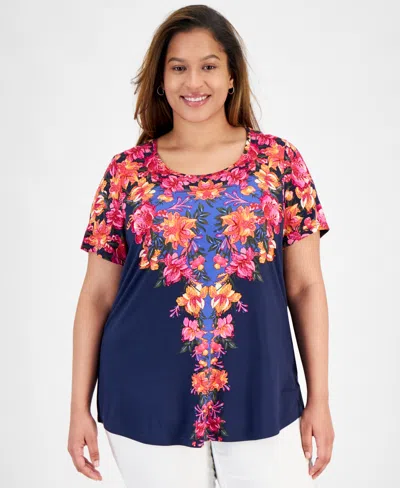 Jm Collection Plus Size Arianna Trail Scoop-neck Top, Created For Macy's In Intrepid Blue Combo