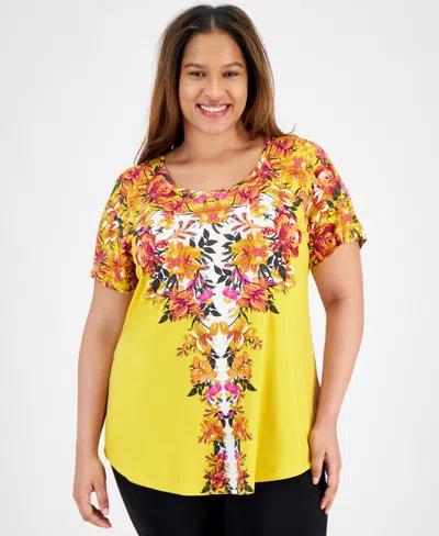 Jm Collection Plus Size Arianna Trail Scoop-neck Top, Created For Macy's In Lemon Wedge Combo