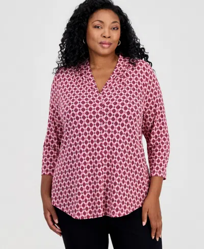 Jm Collection Plus Size Bazaar V-neck 3/4-sleeve Top, Macy's Exclusive In Pink