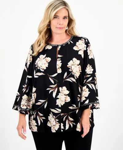 Jm Collection Plus Size Beaded-trim Floral 3/4-sleeve Top, Macy's Exclusive In Black