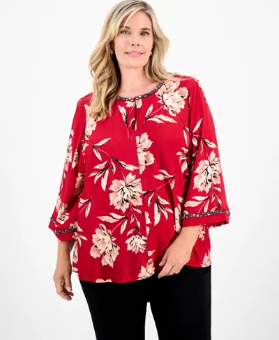 Jm Collection Plus Size Beaded-trim Floral 3/4-sleeve Top, Macy's Exclusive In Red