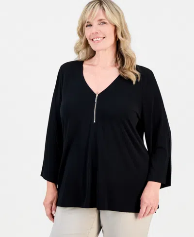 Jm Collection Plus Size Bell-sleeve Zip-neck Top, Macy's Exclusive In Black