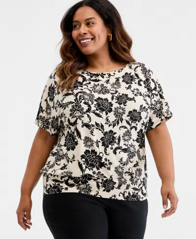 Jm Collection Plus Size Bianca Floral Scroll Banded-bottom Top, Macy's Exclusive In Multi