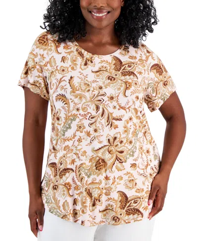 Jm Collection Plus Size Bloom Print Short-sleeve Top, Created For Macy's In Lilac Sky Combo