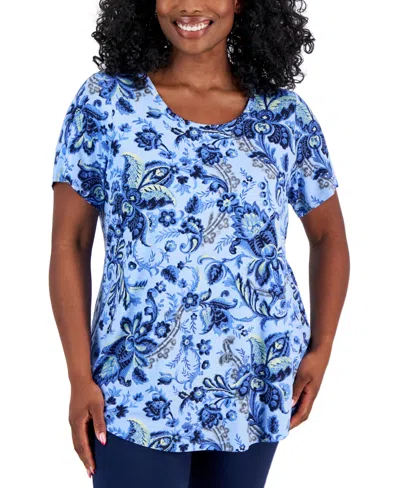 Jm Collection Plus Size Bloom Print Short-sleeve Top, Created For Macy's In Watery Blue Combo