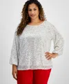 Jm Collection Plus Size Boat-neck Gathered Sequin Long-sleeve Top, Created For Macy's In Neo Natural