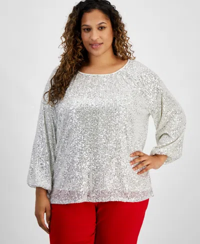 Jm Collection Plus Size Boat-neck Gathered Sequin Long-sleeve Top, Created For Macy's In Neo Natural