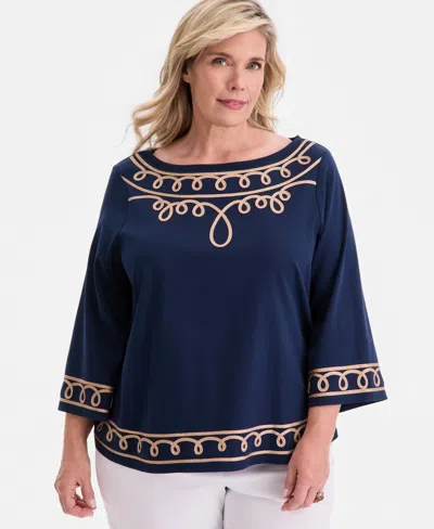 Jm Collection Plus Size Boat Neck Lace Detail Top, Macy's Exclusive In Blue